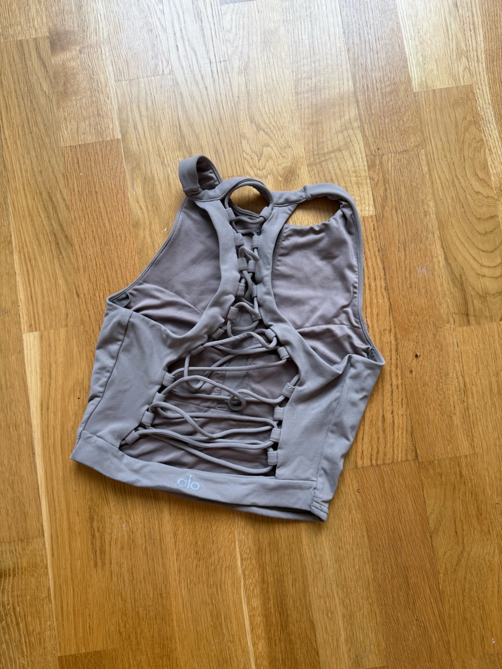 ALO Yoga Taupe Strappy Sports Bra with back detail - Picture 2 of 3